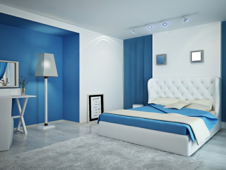 dormitorio blanco con azul
